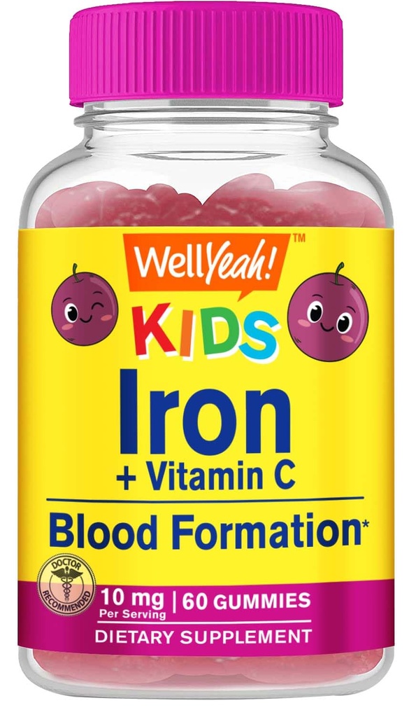 WellYeah Iron Gummies voor kinderen met vitamine C - Anemie Ondersteuning, Red Blood Cell vorming, Energie, en Immunity Ondersteuning Gummy, Iron Supplements voor kinderen - GGO-vrij, natuurlijke druiven smaak - 60 Tellen