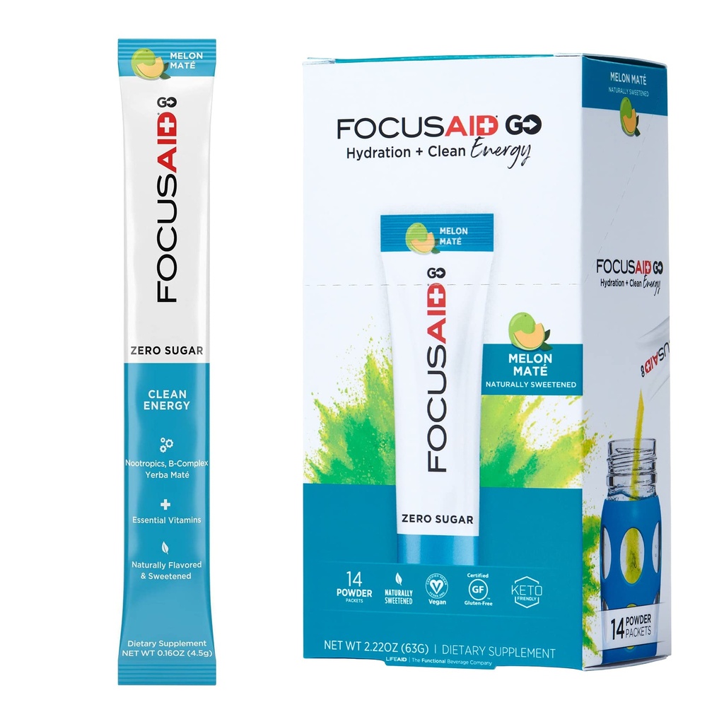 FOCUSAID GO Nootropics Energy Blend, Zéro Sucre, Alpha-GPC, GABA, B-Complex, Yerba Mate, Thé vert, Keto Friendly, 100 mg de caféine naturelle (paquet de 14)