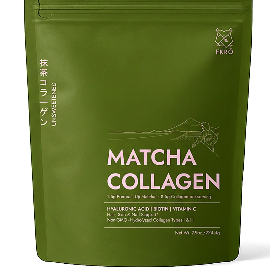 FKRO Matcha Collageen Powder w Biotin, Hyaluronic Acid & Vitamin C - Gezond haar, huid en nagels - Natural Type I & III Gehydrolyseerde collageen Powder, Unsweeted Matcha Latte - 22 Servers, 7.9oz