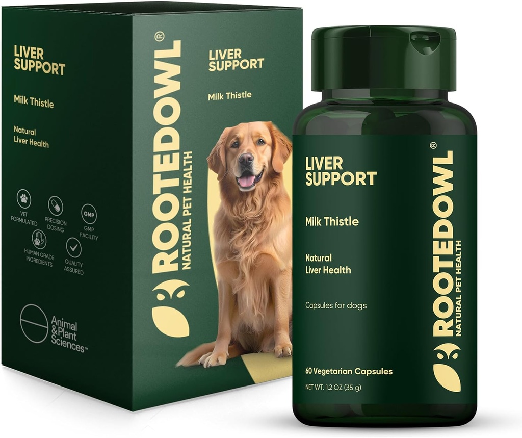 Soutien du foie de la Chouette à racines pour chiens - Supplément santé du foie naturel - Chardon de lait pour chiens - Capsules végétariennes - 60/ct
