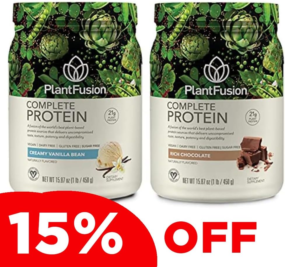 PlantFusion Complete Plant Based Pea Protein Powder Bundle, Non-GMO, Vegan, Dairy Free, Glutenvrij, Sojavrij, Allergie Vrije w/Digestieve Enzymen, Dieetsupplement, Vanille Bean en Chocolade 1 Pond