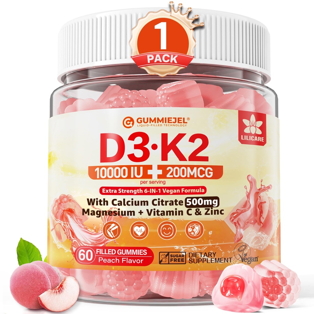 Vitamine D3 K2 Gummies 5000IE / 10.000 IE met 500mg Calcium + K2(MK-7) 200mcg, Magnesium, Vitamine C & Zink, Extra sterkte - Ultieme absorptie voor botten, spieren, tanden, Veganistisch, 60 Count (Pack of 1)