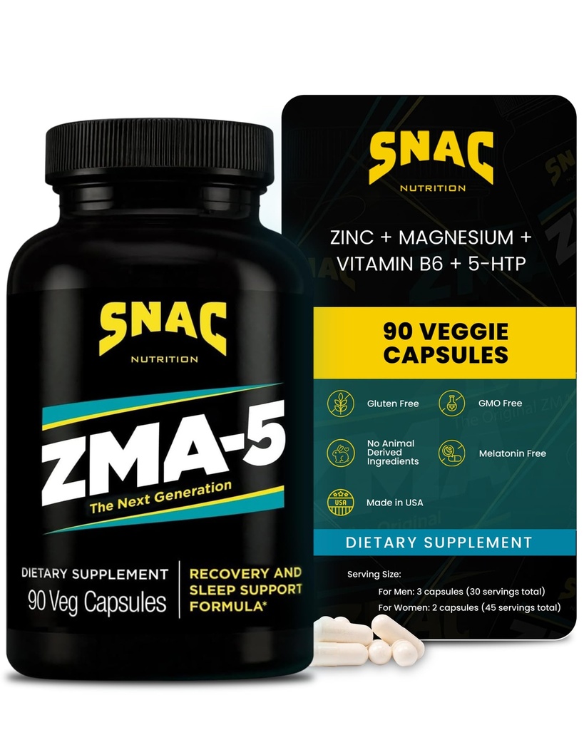 SNAC ZMA-5 Slaaphulpsupplement, bevorderen spierherstel en groei, immuunondersteuning, & herstellende slaap met zink, Magnesium & 5-HTP, postworkout, voor het bed ZMA-supplementen 90 Veggie Capsules