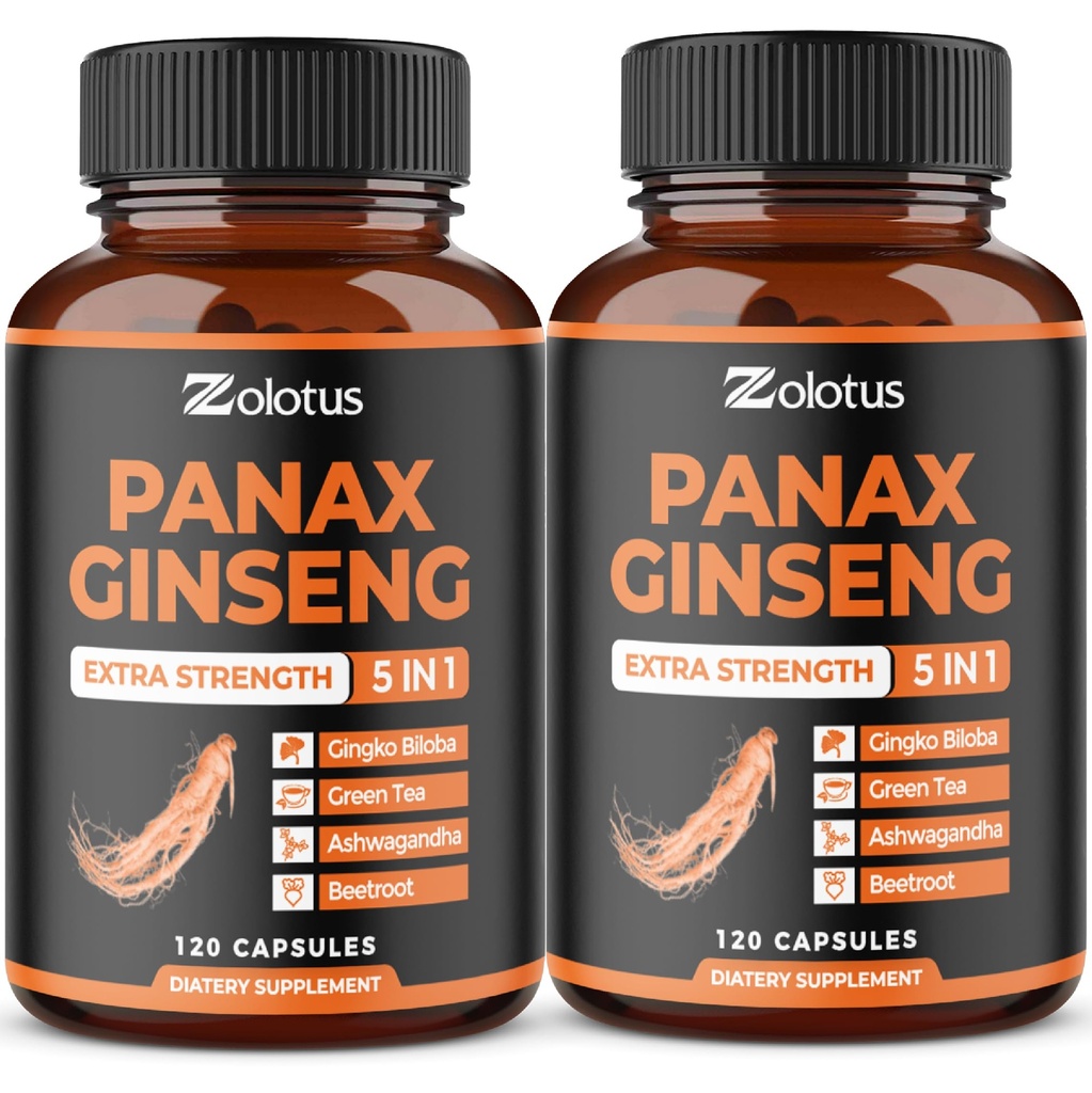 Zolotus Koreaanse Rode Panax Ginseng + Ginkgo Biloba, Ashwagandha, Rode bieten, Groene thee - 120 capsules (verpakking van 2)
