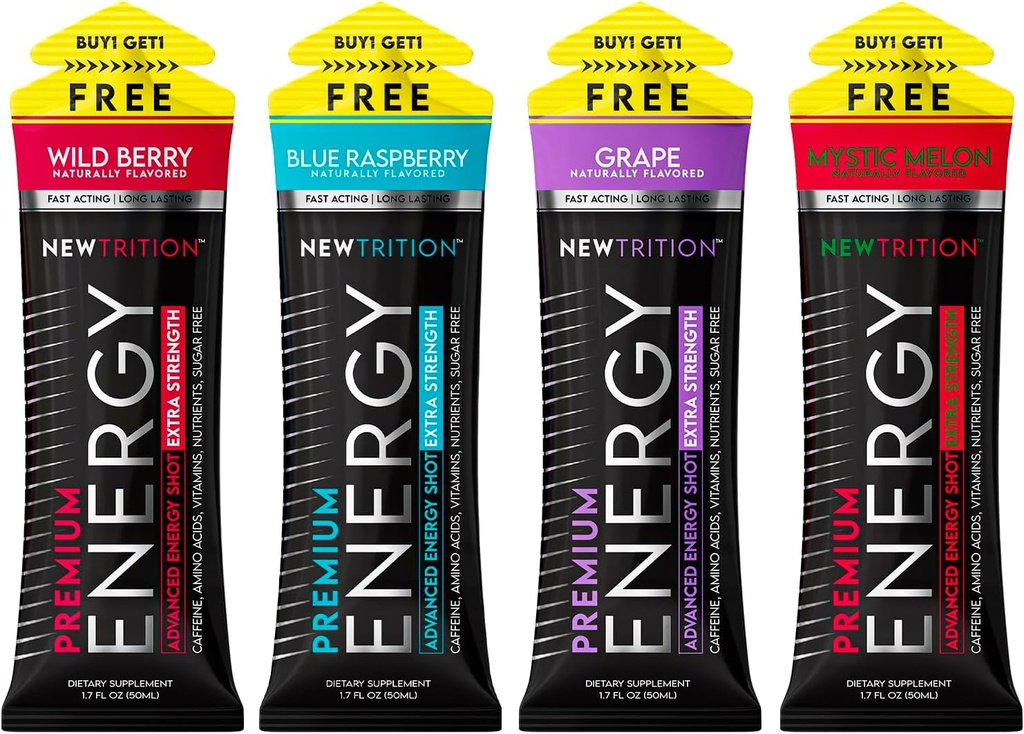 NewTrition® Extra Strength Energy Shots, 250mg Caffeine Energy with Vitamine B & Amino Acides, Vitamine Energy Shot sans sucre, Zero Calorie Focus & Stamina Booster, 1,7 fl oz (paquet de 4, 4 saveurs-Mixed-1)