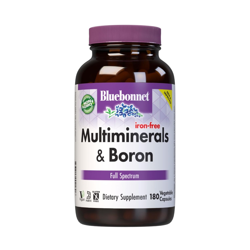 Bluebonnet Multi Minerals Supplement Plus Boron chelated Magnesium Kaliumkoper Selenium Mangaan Chromium & Zink Complex for Women & Men - No Iron, Non-GMO, Gluten-Free - 180 Plantaardige Capsules