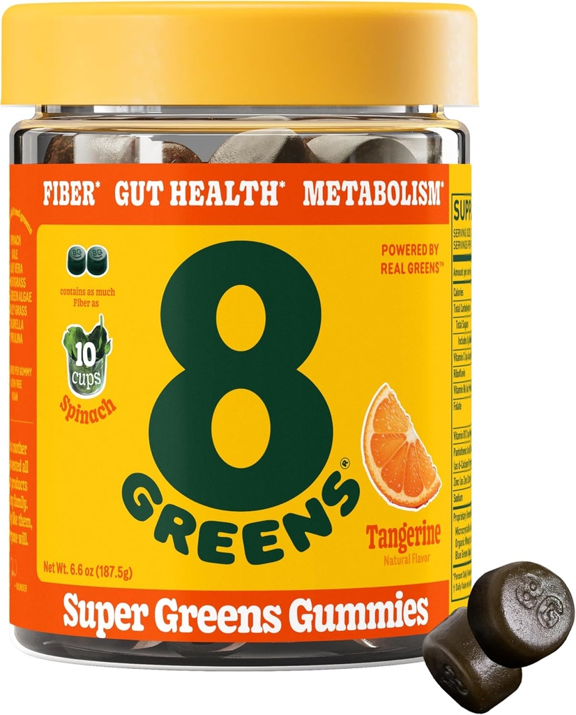 8Greens Fiber Super Greens Gummies, Gut Health, Métabolisme. Santé digestive, stimuler le système immunitaire et la santé digestive avec 8 vrais verts - Formule non-OGM, Gummy, Tangerine Flavor, 50 Comte