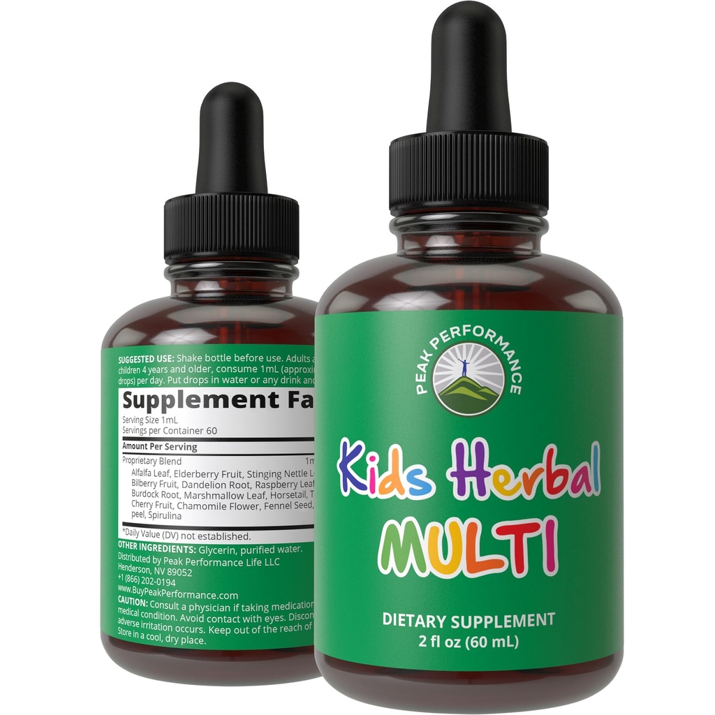 Kinderen Vitaminen van kruiden. Liquid Kids Herbal Multivitamine. Geen Bitter smaak. Suikervrij 14-in-1 Veganistisch supplement druppels voor peuters, kinderen, tieners. gemengd in water ze niet eens proeven het