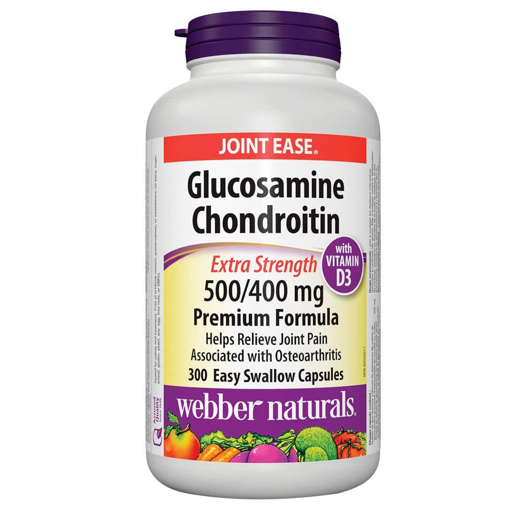 Webber Naturals Glucosamine Chondroitin met vitamine D3, extra sterkte, 500/400 mg, Premium Formula, 300 Eenvoudig doorslikken capsules