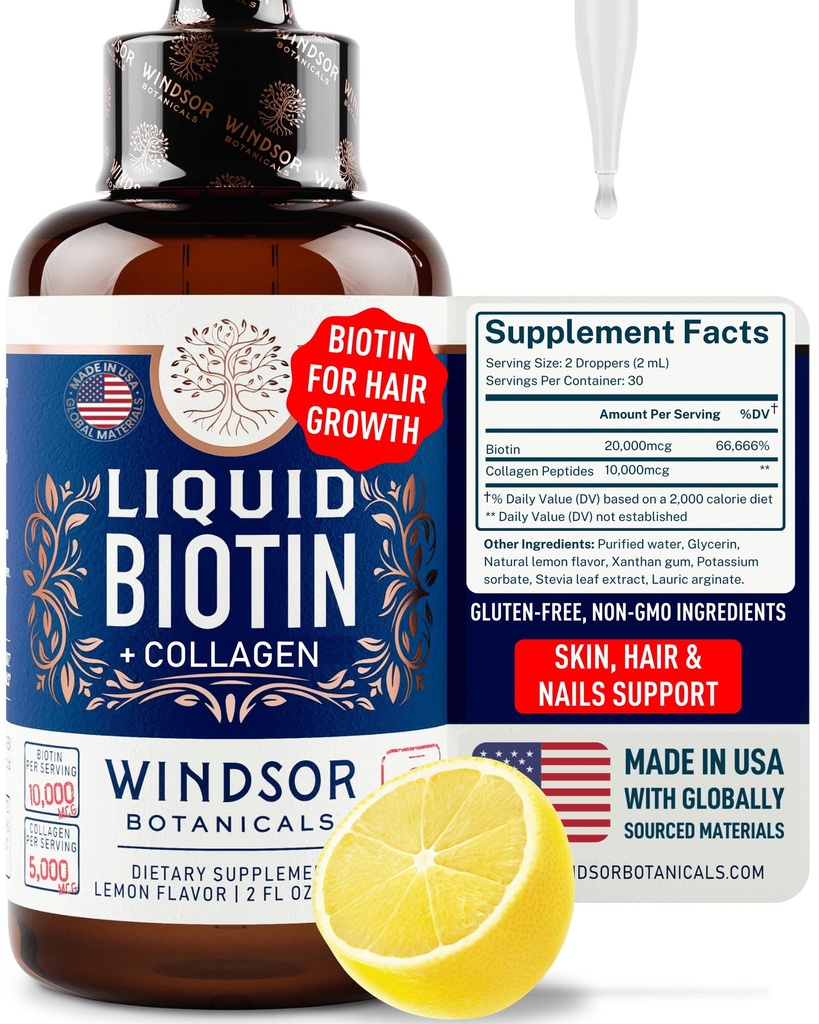 Liquid Biotin for Hair Growth Collageen - Biotin Liquid 10.000mcg Collageen 5.000mcg Extra Strength Liquid - Liquid Collageen and Biotin Drops for Hair Growth - Biotin and Collageen Drops for Women - 2oz