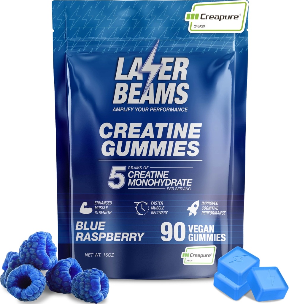 Gommies monohydratées de créatine pour femmes et hommes- 5g Creapure Créatine par service - Flaveur de framboises bleues, végane - Boost Force musculaire, Endurance, Recovery & Mental Focus (90 Gommies)
