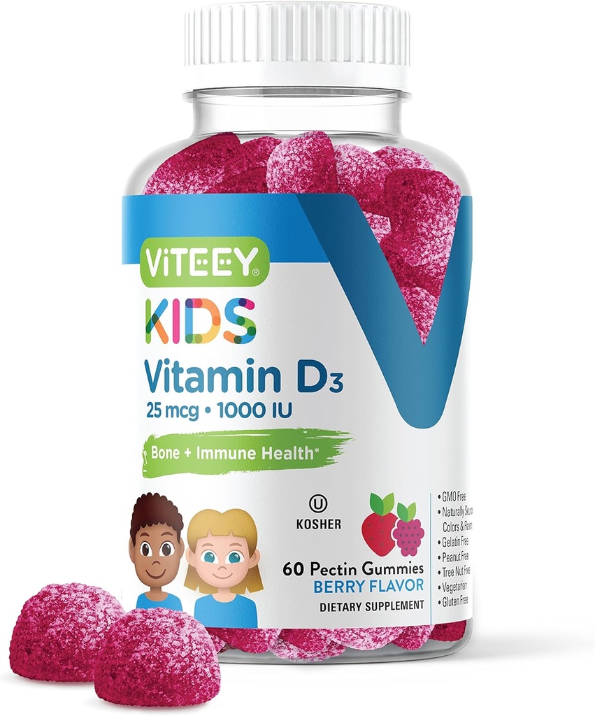 Viteey Vitamine D3 Gummies pour enfants 25mcg 1000 UI - Santé des os, Santé immunitaire, Soutien musculaire articulaire - Végétarien, Sans gélatine, Sans gluten, Sans OGM - Dégustation de baies à croquer