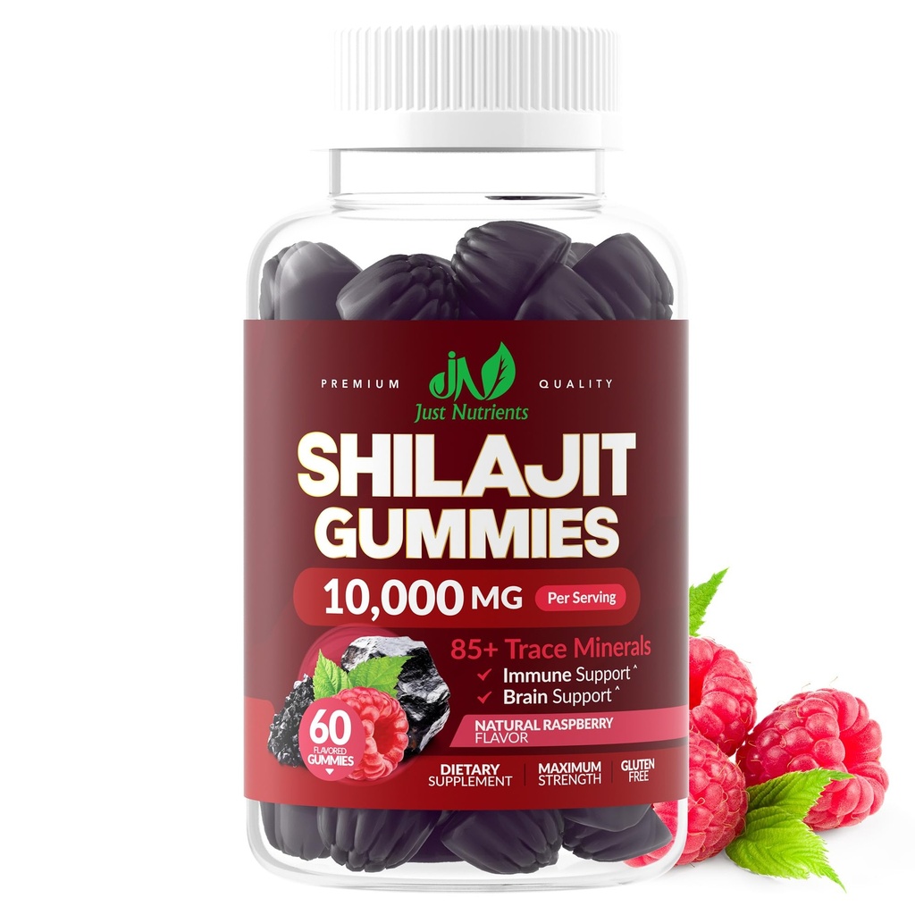 Shilajit Gummies 10 000mg pour les hommes et les femmes - Force maximale Himalayan pur Shilajit, sans gluten, non-OGM, 100% végétarien - Arôme de framboise naturelle - 60 comte