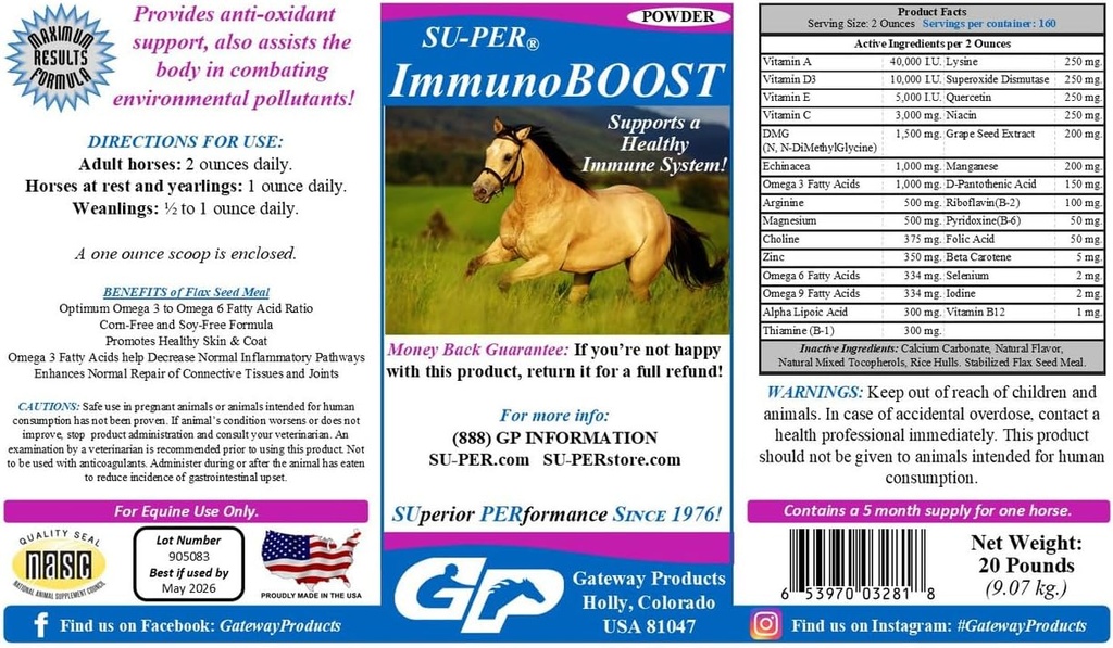 SU-PER ImmunoBOOST Horse Anti-Oxidant Supplement - Ondersteunt het immuunsysteem en voedingsdeficiënties - Vitaminen E & C, Grape Seed Extract, Kruidenextracten - 20 pond, 5 maanden levering