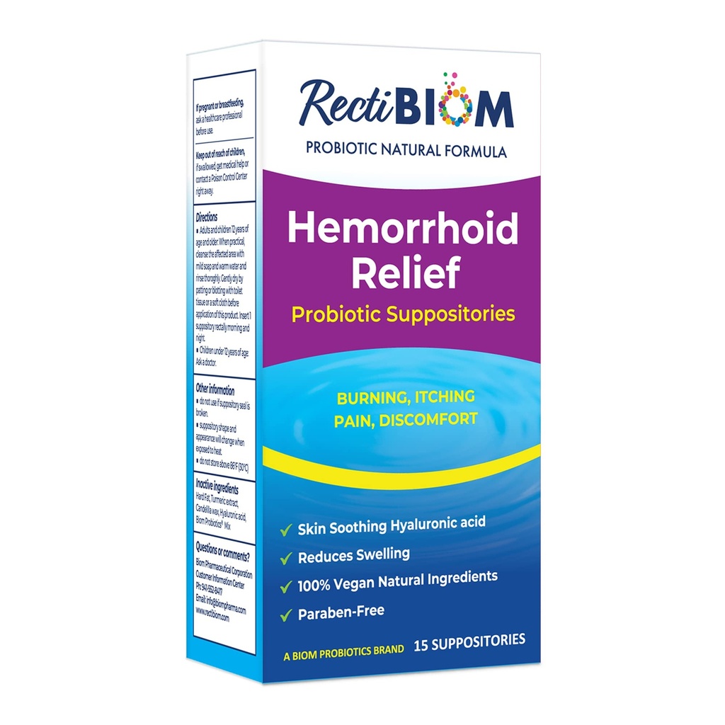 RectiBiom Probiotic Hemorrhoid Relief Suppositories met huid verzachtende natuurlijke ingrediënten, snelle verlichting. Hyaluronzuur en Kurkumaextract, veganistisch, Glutenvrije formulering