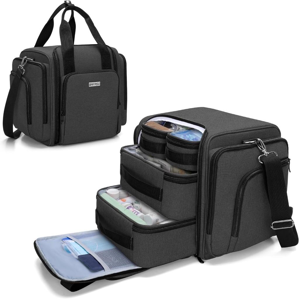 BAFASO Grote pil Bottle Organizer met 4 Inner Removable Zakken, Medicine Bag Kom met schouderband (Alleen BAG), Zwart
