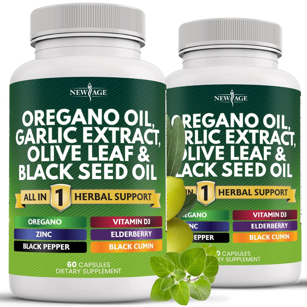 NIEUWE AGE Oregano olie Knoflook Extract Olive Leaf met Astragalus - Supplement voor vrouwen en mannen - 120 Tel.