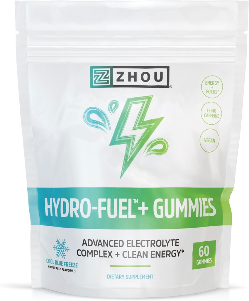 Zhou Nutrition Hydro-Fuel+ Gummies - Electrolyte Gummies voor Hydratatie, Geavanceerde Kauwen met Electrolytes Complex en 75 mg cafeïne voor schone energie, Hydrating Supplement - 60 Vegan Kauwen