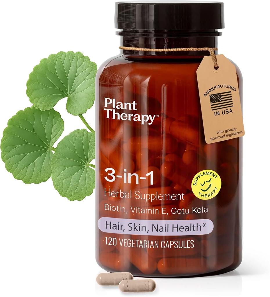 Plant Therapy 3-in-1 Biotin Capsules met Vitamine E & Gotu Kola geproduceerd in de VS 4 maand Supply ondersteunt stralende huid, haargroei en sterke nagels supplementen voor vrouwen 120 Vegetarische Capsule