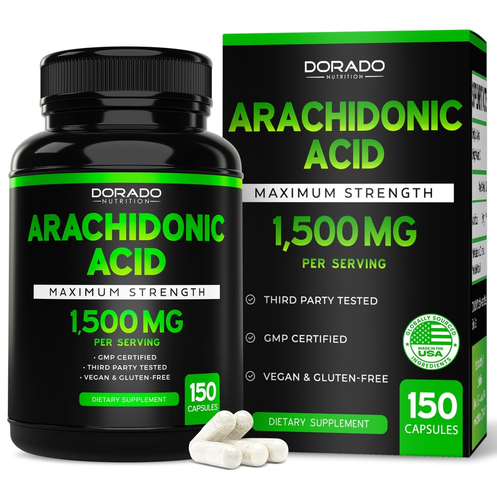 Supplément acide arachidonique 1500mg (150 capsules) - Supplément musculaire et de force pour la masse musculaire et la récupération pour les hommes et les femmes - sans gluten et sans OGM - 3ème partie testée - (150 capsules)