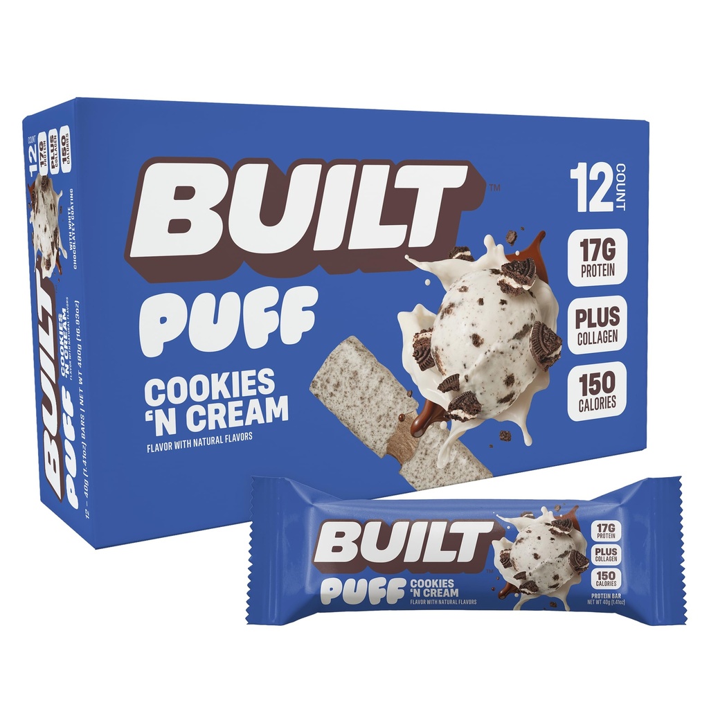 Barre construite, barres protéinées de Puff, Puff crème de cookies 'N, 17g en collations protéinées, barres en marche, seulement 140 calories, 7g sucre, collagène, non sans gluten, 12 comte
