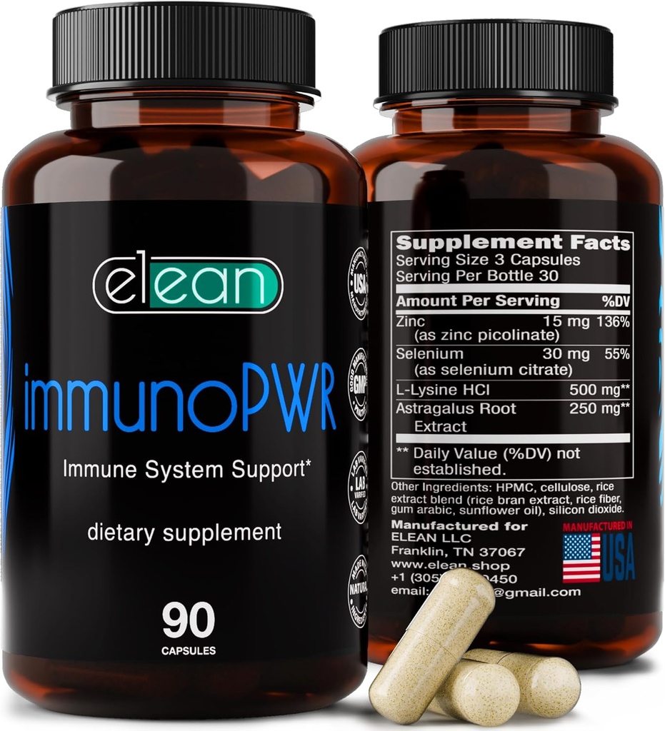 ELEAN Immuno PWR- enrichi en zinc, sélénium, acide aminé Lysine et Astragalus extrait de racine pour la synthèse collagène, la santé thyroïde, le soutien minéral, l'énergie et la santé immunitaire 90 capsules veg.