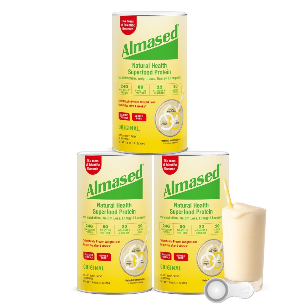 Poudre de protéines Almased pour perte de poids Kit pour les hommes et les femmes, substitut de repas naturel Shake pour perte de poids, supplément, 27 grammes de protéines par portion (arôme original, 3 boîtes @ 17,6 oz ea + Scoop)