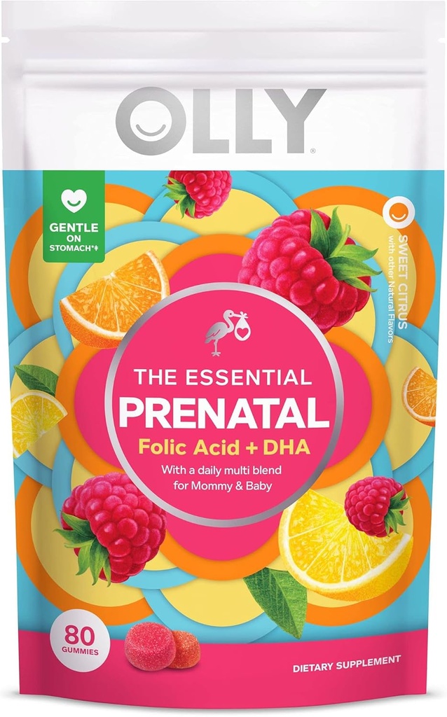 OLLY Prenatale Multivitamine Gummy, Ondersteunt gezonde groei en hersenontwikkeling, Foliumzuur, Vitamine D, Omega 3 DHA, Kauwbare Supplement, Citrus Berry Flavor, 40-Day Supply - 80 Count Pouch
