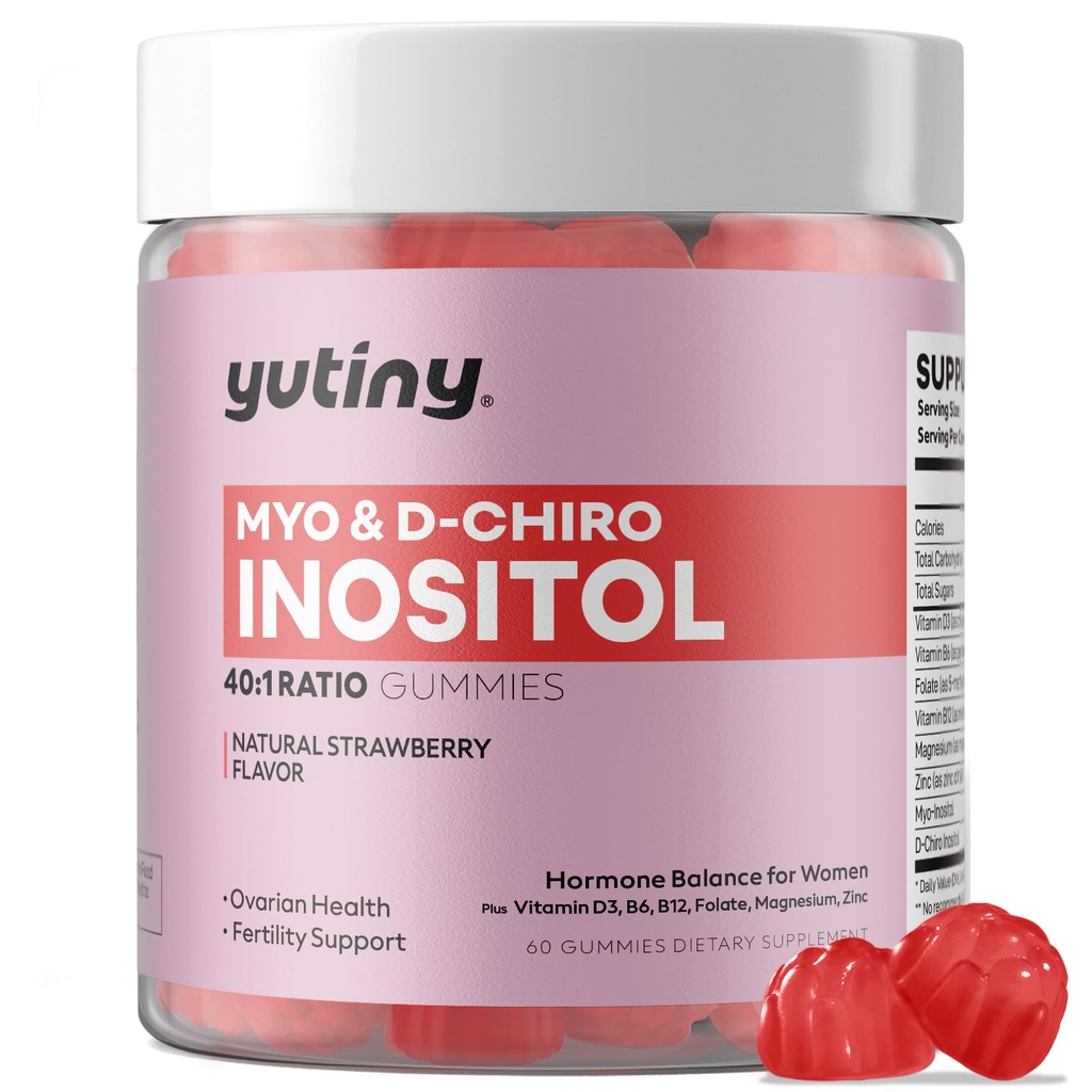 Myo-Inositol & D-Chiro Inositol Gummies, Vitamin B6 B12 & Folate for Women, Vegan, Sugar Free, Strawberry Flavor, 60 Count