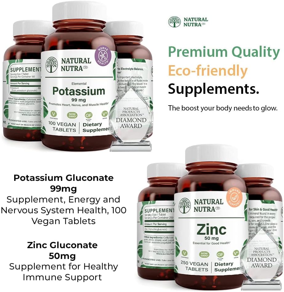 Natuurlijke Nutra Kalium Gluconaat 99 mg en Zink Gluconaat 50 mg Supplementen helpt om Immuniteit en Energieniveau te handhaven, Glutenvrij, essentieel voor een goede gezondheid.