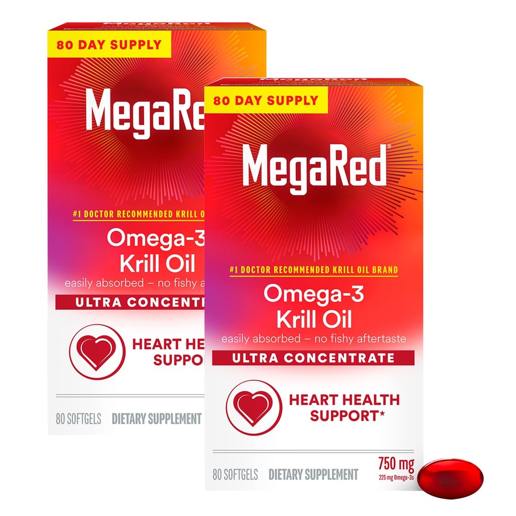 MegaRed Ultra Concentrate 750mg Omega-3 supplément acide gras d'huile de krill avec EPA/DHA, antioxydant Astaxanthine, sans huile de poisson après-goût soutient la santé cardiaque, 80 Comte Softgels (2 Pack)