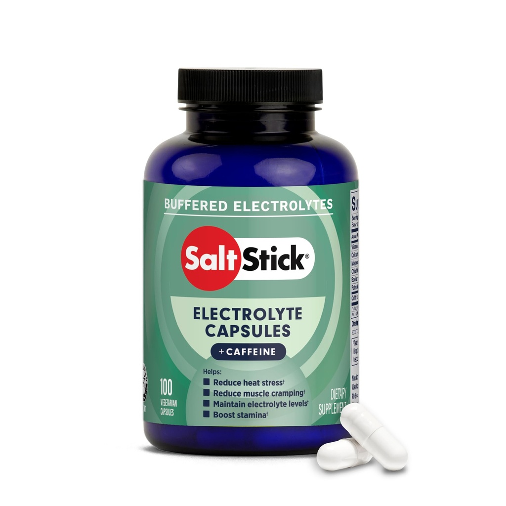 SaltStick Elektrolyten met Cafeïne - Zout Pillen en Elektrolyten voor Running, Hydration, Leg Cramps Relief, Sport Herstel, Wandelen Essentials - Zout, Magnesium, Kalium, Vitamine D3 - 100 Tellen