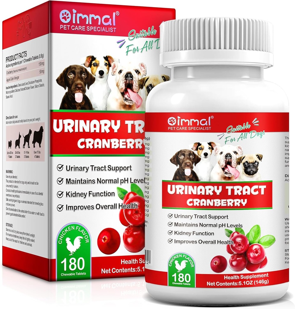 Cranberry voor honden - 180 Cranberry Supplement Tafel voor honden Ondersteunt Blaasinfectie, Honden Incontinentie Ondersteuning, Bladder Steen en Honden UTI, Pet Supplement Treats Tablets voor Alle Ras Honden & Leeftijden