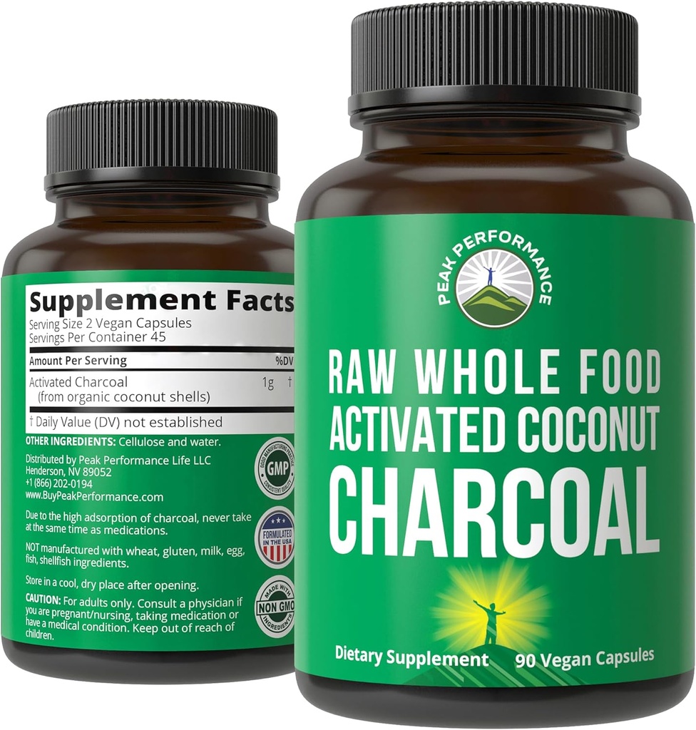 Peak Performance Actived Charcoal Capsules Vegan de noix de coco récoltées sauvages. Meilleur supplément sûr de pilules de charbon pour désintoxication, dégazage, ballonnement. pour hommes et femmes 90 Tous les comprimés naturels