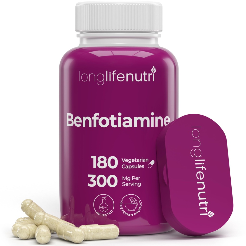 LongLifeNutri Benfotiamine 300mg – 180 Vegetarian Capsules, 6-Month Supply, Fat-Soluble B1 Thiamine Supplement for Energy and Wellness, Lab Tested, Made in USA