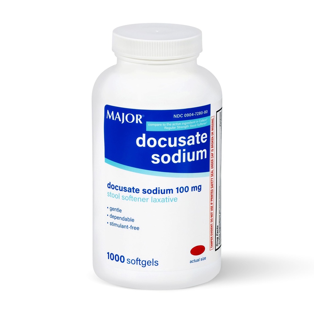 MAJOR Docusaat Natrium 100mg, Stool Softener Laxative voor Occasional Constipatie Relief - Zacht, betrouwbaar, Stimulant-Free, 1000 Softgels