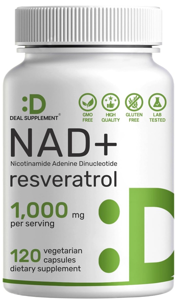 NAD+ Resveratrol Supplement 1000mg Per Serving, 120 Veggie Capsules 2in-1 Extra Sterkte NMN Supplement Alternatieve 