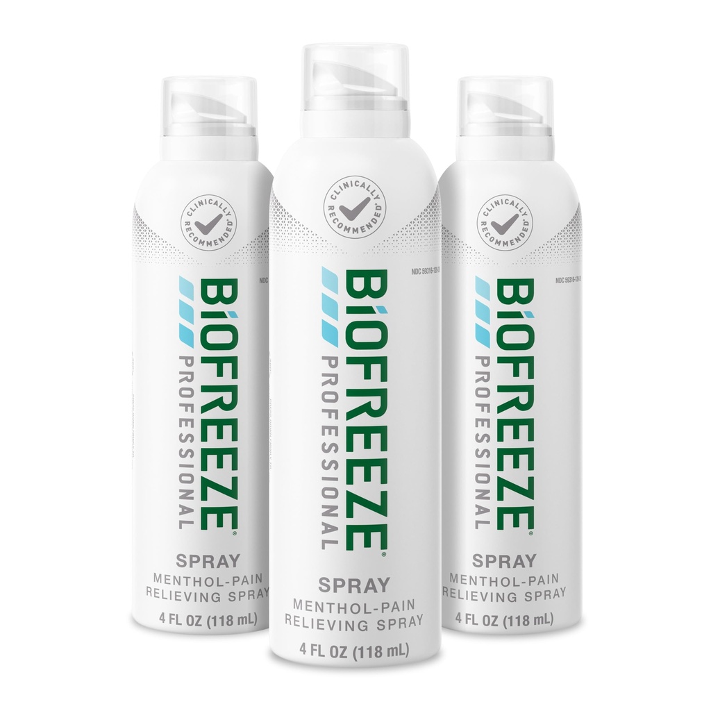 Biofreeze Professional Pain Relief Spray for Knie, Neck, Hip, Joint, Shoulder, & Simple Backache, Artritis Pain Reliever, Sore Muscle Relief, Colorless Menthol Spray 4 Fl Oz (Pack of 3)