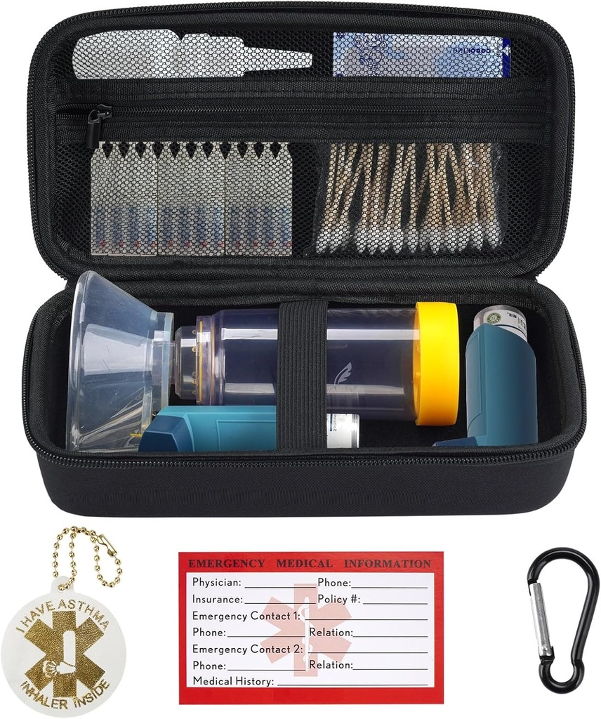 YouKnow Travel Carrying Case for Astma Inhaler, Inhaler Spacer for Adults and Children, Mask, Inhaler Holder with Astma Warning Label and Medical Card, with Carabiner (Only Case) (Zwart)