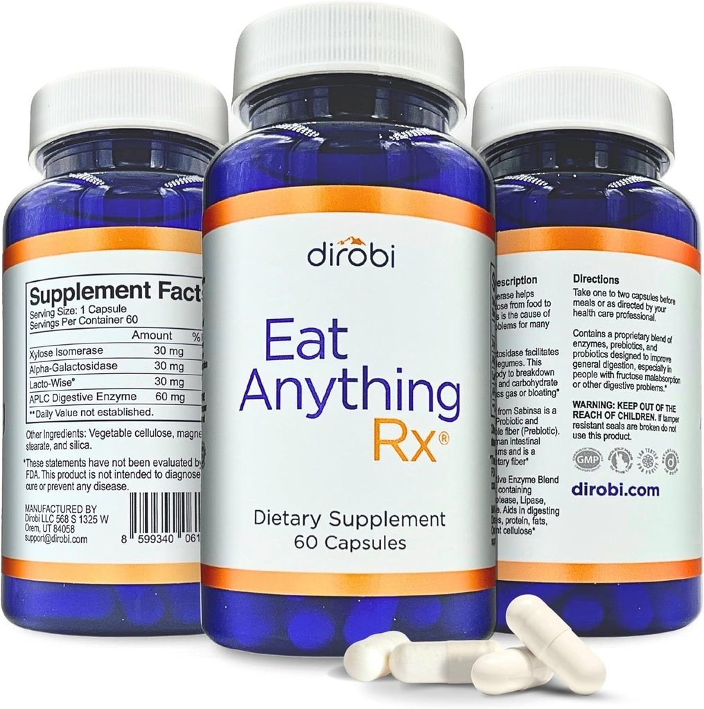 Dirobi Eet van alles Xylose Isomelase Fructose Malabsorptie Enzymen, FODMAP Supplement, Digestieve enzymen voor betere Lactose, Vet, Eiwit en Koolhydraat Digestie Gas & Bloating Relief 60 Capsules