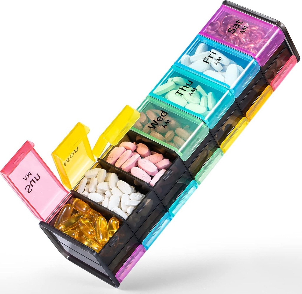 Extra grote week pil Organizer 2 keer per dag - Betife 7 dagen pil Box, AM PM pil geval met dubbele laag Jumbo Compartiment voor pillen, vitamine, visolie, supplementen (regenboog)