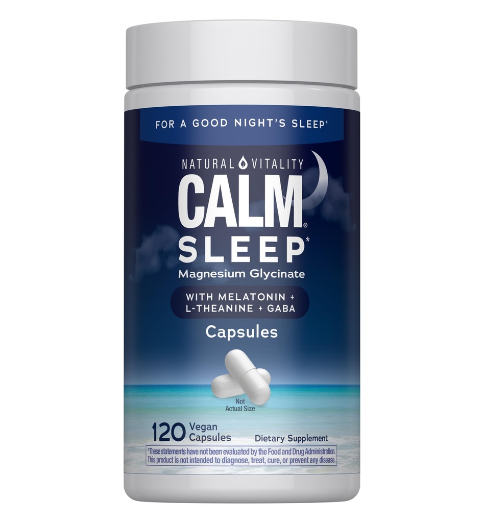 Vitalité naturelle Calme Sommeil Supplément de magnésium, Mélatonine et Citrate de magnésium, Capsules d'aide au sommeil, Sans gluten, Vegan, Non-OGM, Aide le corps à s'endormir, 120 Capsules