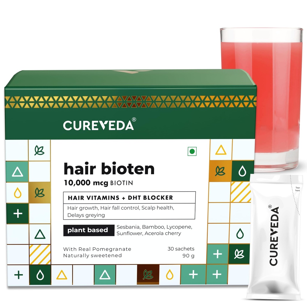 Cureveda Curveda Grow Plant Based Biotin 10000 Mcg Powder Supplement voor Unisex, Voordelen gezonde scalp en haargroei, Geen toegevoegde suiker, natuurlijke granaatappel smaak 150 g (pakket van 1) Groei-1