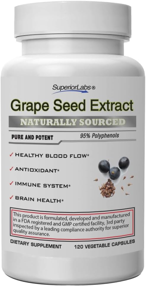 Superior Labs Extrait de graines de raisin, 400mg, 120 Capsules de légumes, 95% Polyphénols, haute teneur en antioxydants, flux sanguin sain, soutient le système immunitaire et la santé du cerveau