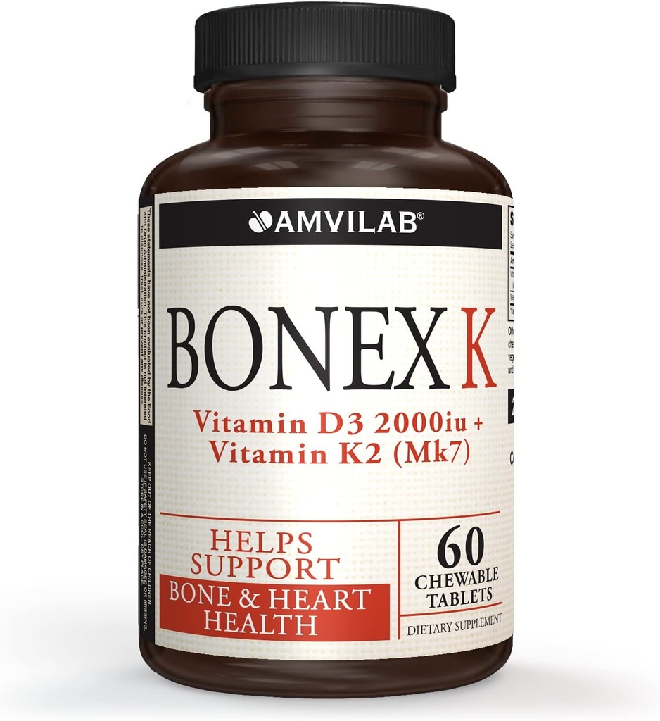 Bonex K Supplément de Vitamine D & K Complexe soutient le coeur, les os et les dents Santé de 2000UI Vitamine D3 & 75mcg Vitamine K2 , non-OGM , petit et facile à avaler ,60 jours d'approvisionnement comprimés à mâcher