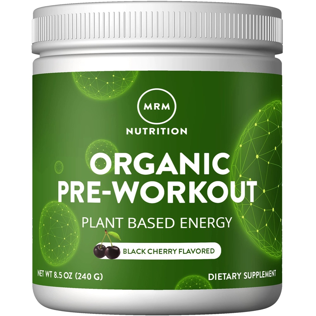 MRM Nutrition Poudre de pré-entraînement biologique - femmes et hommes, 150 mg de caféine naturelle et adaptogènes, énergie pure, focus et flux sanguin, végétalien, certifié biologique, non-OGM - 20 portions, saveur de cerise noire
