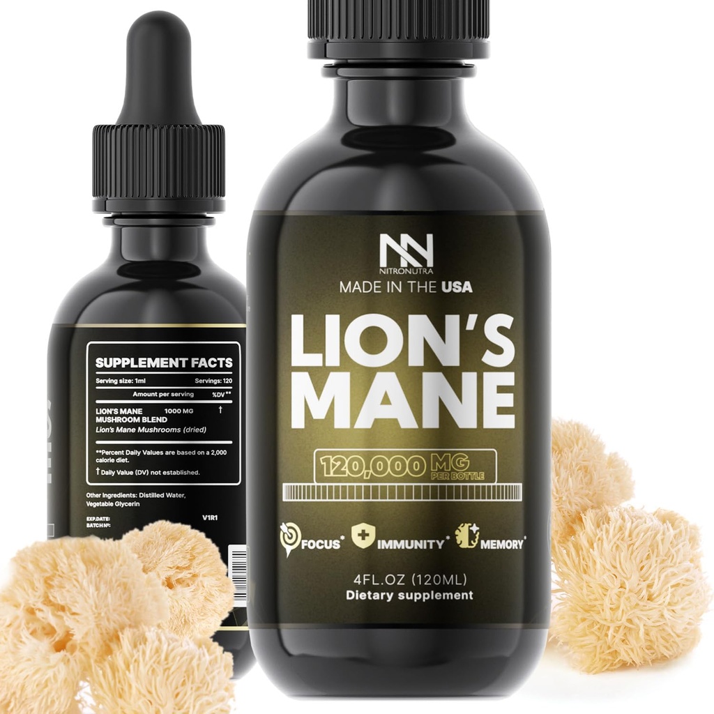 Lions Mane Mushroom Supplement - Biologische Lions Mane Extract voor Hersengezondheid, Geheugen, Focus & Immune Ondersteuning - Nootrope Vegan Liquid Tinctuur - Made in USA - 4 Fl Oz