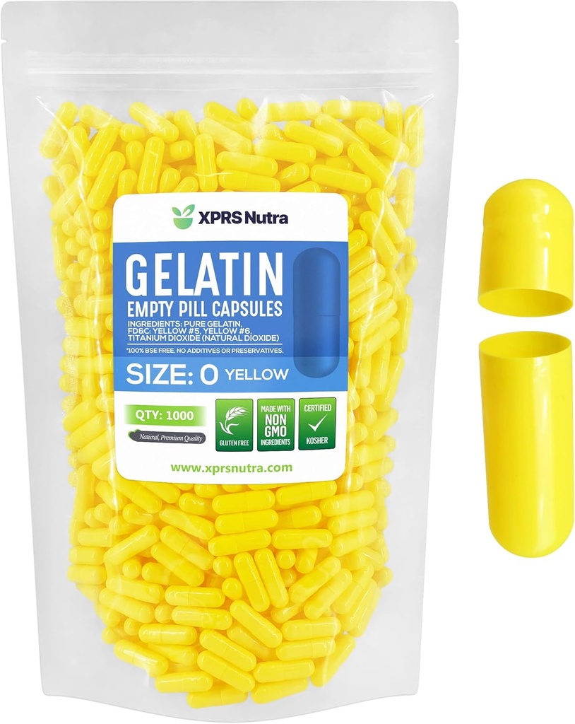 XPRS Nutra Taille 0 Capsules vides - 1000 Compte Capsules de gélatine vides - Pills Bricolage Capsule Remplissage - Pure Pilule de gel pour Do-It-Youlf Suppléments (jaune)