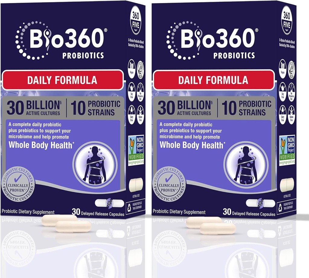 Bio360 Adult Daily Probiotic Supplement for Women & Men, 30 Miljard CFU, 10 Strains, Organic Prebiotic Fibers, Digestief & Immune Health, Occasional Constipatie, Diarree & Bloating, 30CT (2 Pack)