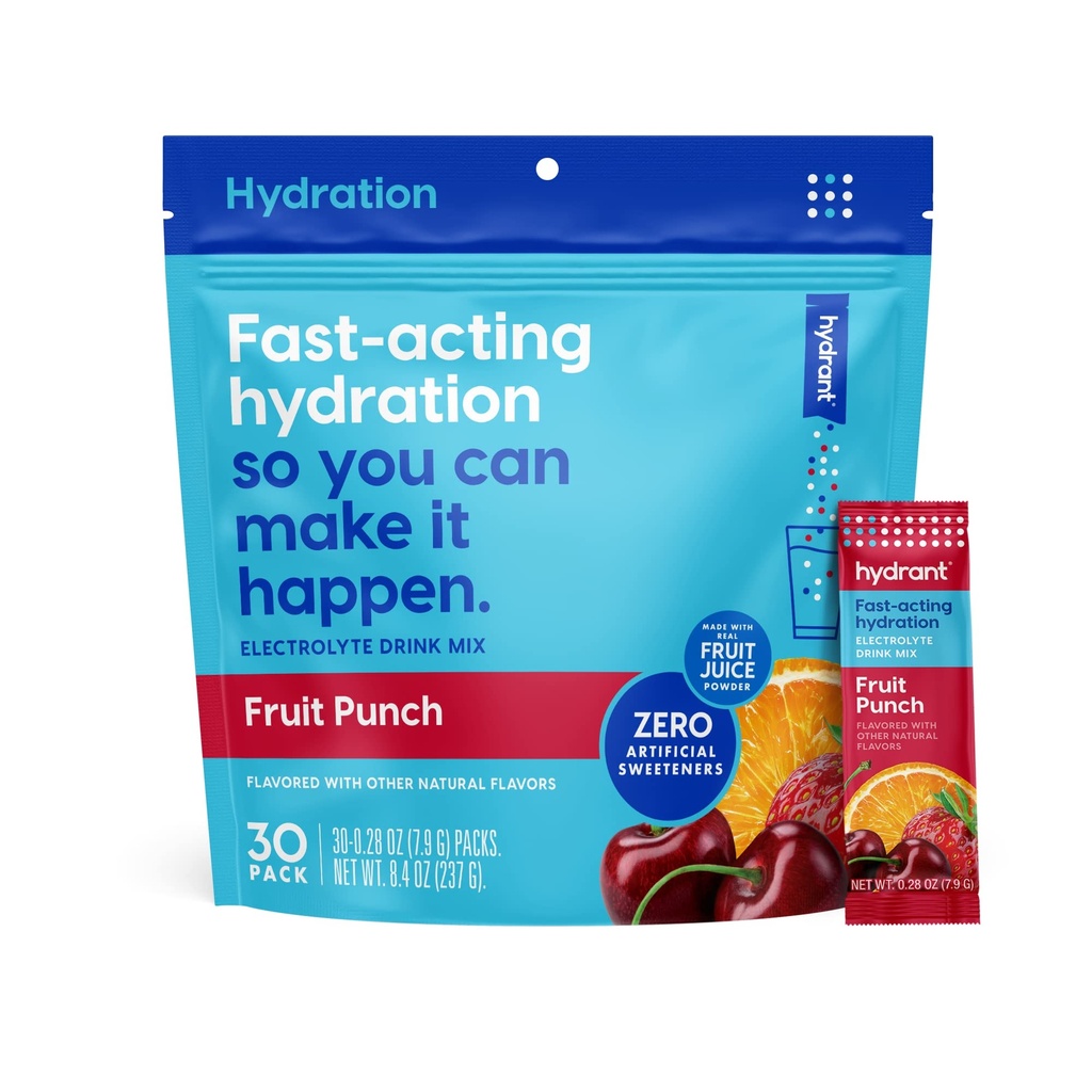 HYDRANT - Hydration Powder, Fruit Punch Flavor, 30 individuele Instant Electrolyte Rehydration Packets - Low Sugar Drink Mix voor dagelijks gebruik, Reizen & workouts